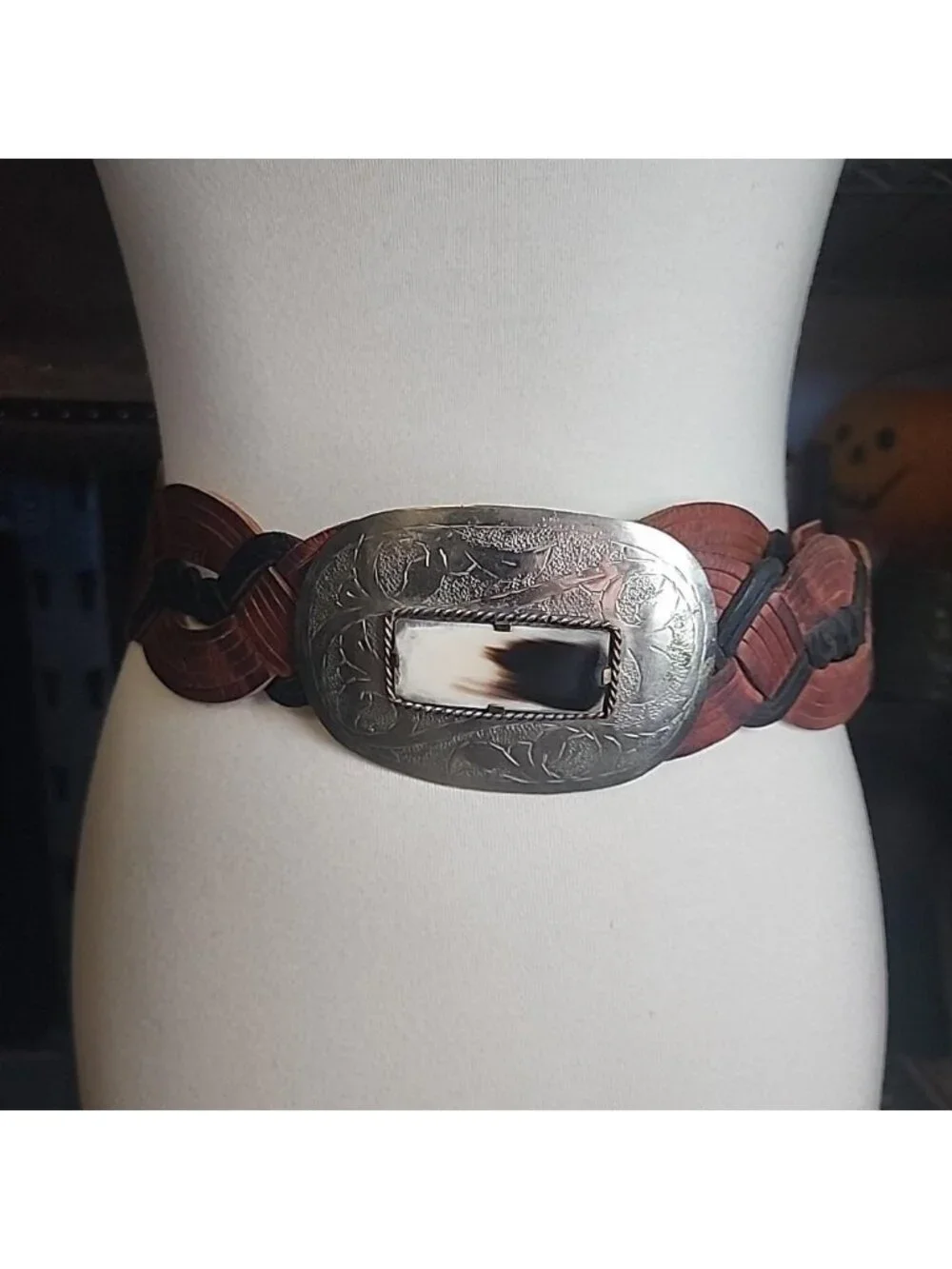 Moroccan Belt - Braided Black Brown Silver Tone Engraved Buckle Fits Up To 40
